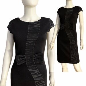 Black Cap Sleeve Sheath Dress with Front Textured Bow Accent Zebra-Print Stripe‎